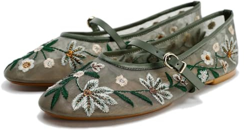 Mesh Ballet Flats for Women Embroidered Floral Mary Jane Flats Round Toe Slip On Ballerina Shoes Comfortable Casual Daily Dress Flat Shoes (Green,8)