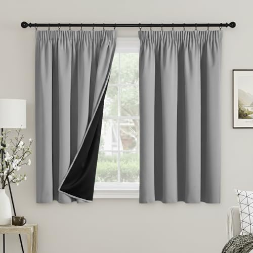 PONY DANCE 100% Blackout Thermal Insulated Curtains, 52x54, Silver Grey | Pencil Pleat Rod Pocket Curtains for Bedroom and Living Room, 2 Panels, Noise Reduction, Light Blocking & Privacy Drapes