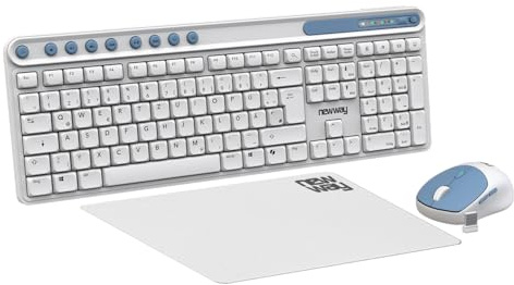 NEWWAY NKMP252 – Kabellose Tastatur Maus Set 2,4 GHz – QWERTZ Deutsch – Leise Tasten, 14 Multimedia-Tasten, Leichte Ergonomische 6-Tasten-Maus, Mauspad Inklusive, Lange Batterielaufzeit (Weiß)