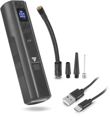 STAHLWERK Akku-Kompressor HF-800 ST, Fahrradpumpe, Reifenkompressor und Luftpumpe mit 4.000 mAh Lithium-Akku, 80 W Leistung max. 4,2 bar, Digitaldisplay mit psi/bar/kg/cm², LED-Arbeitslicht