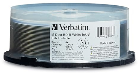 Verbatim 98915 M-DISC BD-R XL 100GB / 1-4x, Inkjet 25-Disc Cakebox
