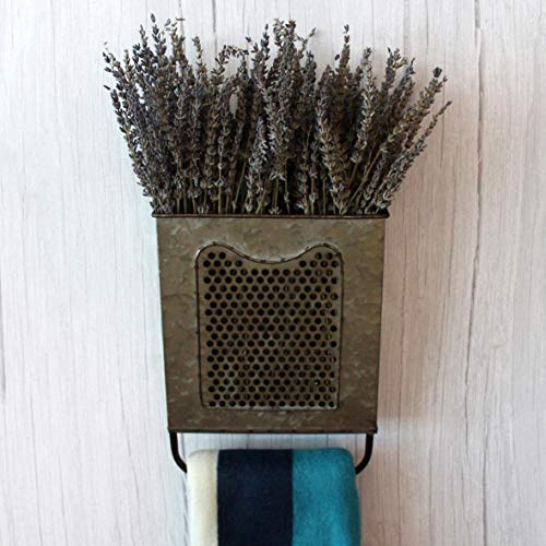 CVHOMEDECO. Primitives Vintage Galvanized Tin Wall Box Metal Wall Hanging Flower Holder with Towel Bar, Wall Pocket Organizer for Home Decor.