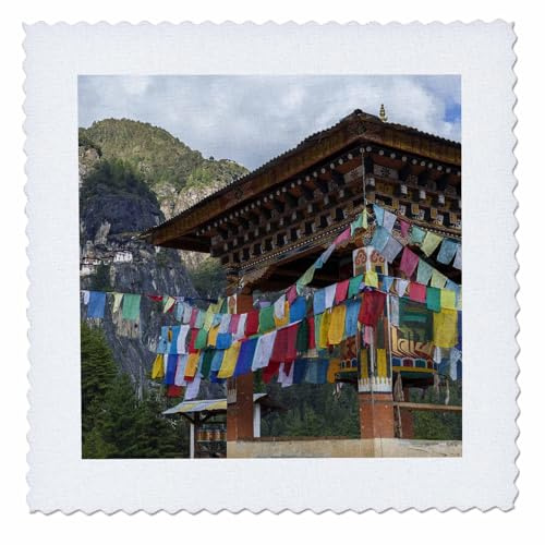22x22 inch Quilt Square - Bhutan, Paro. Prayer Wheel Flags, in View of Tigers Nest Monastery. Places