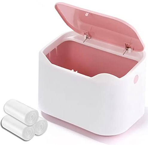 Desk bin trash can with lid, Mini Portable Table Waste bin Desktop Dustbin for Home Living Room Kitchen Bathroom Office Car Indoor Small trash can (pink and white)