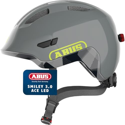 ABUS Kinderhelm Smiley 3.0 ACE LED - Fahrradhelm mit Licht - tiefe Passform & Platz für einen Zopf - für Mädchen und Jungs - Grau (shiny grey), Größe M (50-55 cm)