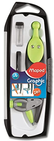 Maped - Compas Graphic 360 Coffret 3 pièces - Compas Interchangeable Double Fonction Mine + Bague - Avec Etui-Mines + Taille-Mines - Pour Enfant dès 6 Ans