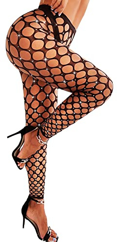 RSLOVE Women Sexy High Waist Tights Rhinestone Sparkle Fishnet Stockings Pantyhose Leggings Lingerie Pants Black