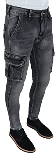 Evoga Jeans Hombre Cargo Azul Denim Casual Slim Fit con bolsillos laterales, Negro , 48