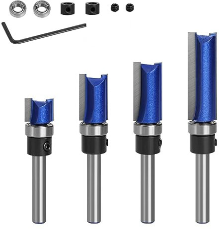 Trvoxviq Flush Trim Pattern Router Bits, 1/4 Shank Straight Flush Trim Tools Template Milling Cutter CNC Bit(4Pcs), 1/2 CED Bottom Bearing Cutter bit for Solid Wood, Plywood, MDF Engraving