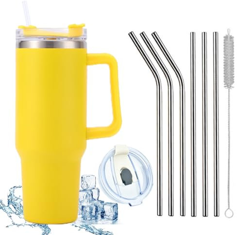 JEELINBORE 1 200 ml isolerad mugg rostfritt stål med handtag kaffekopp 40 oz dubbelväggig kylkopp resemugg bilmugg termosmugg med sugrör och läckagesäker mugglock gul