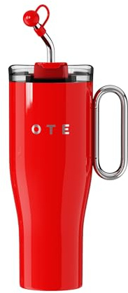 OTE 40oz Thermobecher mit Strohhalm und Henkel, Doppelwandiger Edelstahl Vakuum Isolierbecher mit Deckel, Kaffeebecher to go, Tragbare Autobecher Becher Tumbler für Heißer und Kalter Getränke, Rot