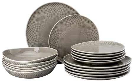 Rosenthal Junto Pearl Grey, grau, Set 18-tlg., Porzellan, Pearl Grey, Speiseteller Ø 22 cm und Tiefe Teller Ø 21,5 cm, Spülmaschinen- und Mikrowellenfest, Set für 6 Personen
