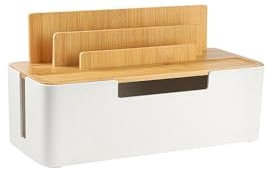 BUYSK Boîte de gestion des câbles avec couvercle en bois, rangement multi-appareils pour téléphones/tablettes/smartwatches, rangement des câbles sur le bureau pour un espace de travail ordonné (Blanc)