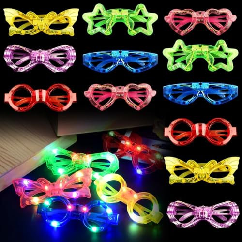 LOMUG Partybrille Leuchtende Brille, 12 Stück Leuchtende Coole Brille, Leuchtende Partybrille Neon Party, Neon Party Outfit Rave Brille für Karneval, Valentinstag, Geburtstag, Partydekoration(6 Stile)
