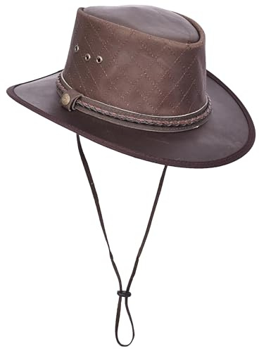 Real Leather Australian Bush Hat Outback Traveller Cowboy Style HL3341 Brown (UK, Alpha, XXL, Brown)
