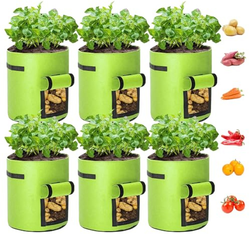 Airsnigi 10 Gallon Potato Grow Bags,6 Pack Plant Growing Bags Breathable Garden Growing Bag Planting Tomatoes, Vegetables, Strawberry with Window Flap and Handles,Green