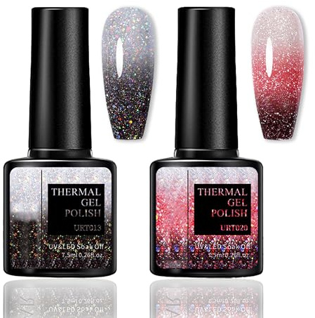 Set med 2 UV-gelnagellacker med färgbyte - Temperaturbyte med glittrande effekt - Svart och rött - Färgbyte - Soak Off UV LED nagelkonst