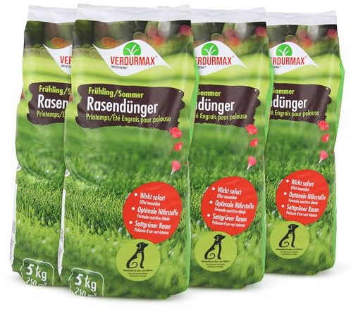 Verdurmax 4 x 5 kg d'engrais pour gazon Printemps & Été – Engrais à libération prolongée avec azote pour 1000 m² de gazon vert luxuriant – Sans danger pour les chiens – Compatible avec épandeur