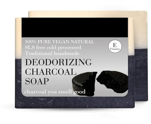 Activated Charcoal Bath Soap (Pack of 2) | Deep Cleansing & Detoxifying Bar with Tea Tree, Peppermint & Vitamin E | Controls Body Odour | 100% Organic, Handmade – 150g Each
