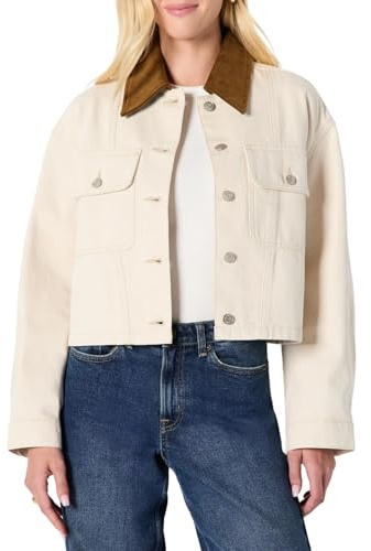 Amazon Essentials Women's (Demi's Pick) Oversized-Fit Cropped Denim Jacket with Contrast Corduroy Collar, Ecru, Medium