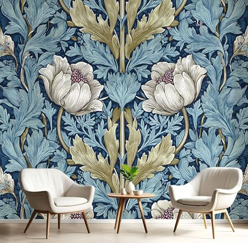 Papel Pintado Tulipanes Y Hojas Pared 3D Papel Tapiz - Arte Retro Murales Tapiz Fotomural para Sala Cuarto Oficina Salón Tv Fondo Pared Dormitorio Decoración 250x175cm, Azul