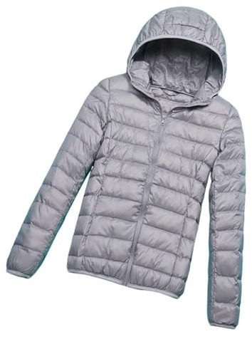 GOBIWM Piumino da donna, ripiegabile, trapuntato, con cappuccio, ultra leggero, giacca invernale corta con borsa per il trasporto, Grigio, L