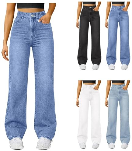 Boyfriend Jeans for Women UK, Wide Leg Jeans for Women High Waisted Skinny Bell Bottom Denim Flared Pants with Slant Pockets Trendy Loose fit Vintage Trousers M