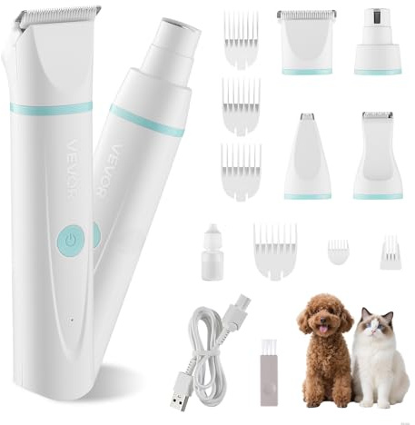 VEVOR Dog Clippers for Grooming, 4 in 1 Dog Grooming Kit, Low Noise, Rechargeable Pet Shaver with 6 Combs & 4 Detachable Blades, Waterproof Cordless Pet Hair Trimmers Nail Grinder Set for Dogs Cats