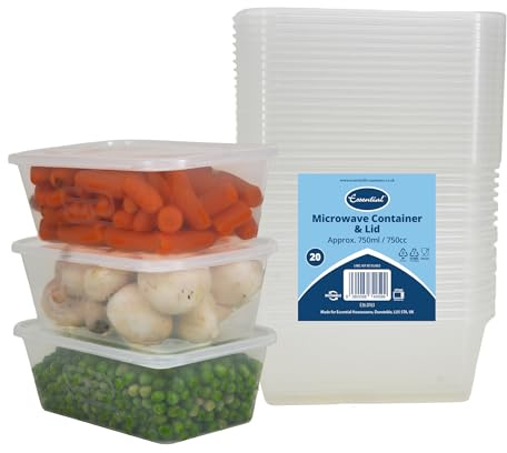 Euro Classic Essential Housewares - 20 contenitori per alimenti in plastica con coperchio, 750 ml, senza BPA, a prova di perdite, contenitori per la preparazione dei pasti, riutilizzabili, contenitori