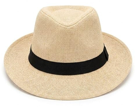OUTLETISSIMO® Cappello Panama a Tesa Larga Estivo Unisex in Paglia Leggera con Nastro Nero, Cappello da Sole Traspirante Regolabile - Beige V004