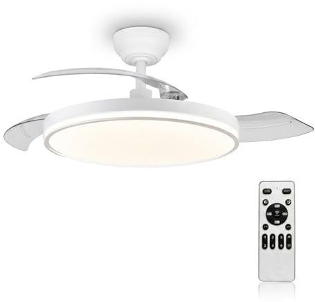 MARSI Ventilatore da Soffitto con Luce e Pale Retrattili 106cm, Lampadario Ventilatore Silenzioso con Telecomando, Motore DC Reversibile, 6 Velocità, LED Dimmerabile, per Camera da Letto e Soggiorno
