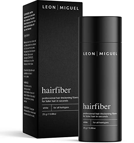 LEON MIGUEL® Hair Fiber - Haarverdichtung - Premium Streuhaar/Schütthaar mit Soforteffekt bei Geheimratsecken, Haarausfall und lichtem Haar - Haarpuder | 25g (Weiß)