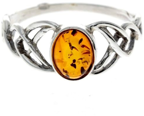 SilverAmber Jewellery - 925 sterling silver och baltisk bärnsten keltisk knutar ring - 7482, 16, Sten, 925 sterling silver, Honungsfärgad bärnsten