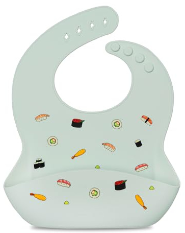 Loulou Lollipop Weiches und wasserdichtes Silikon-Lätzchen für Babys und Kleinkinder von 3 bis 36 Monaten, leicht zu reinigen, verstellbare Passform und Auffangtasche – Sushi