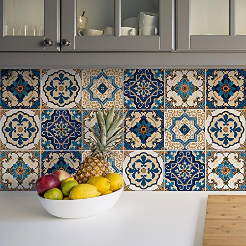 RE-COVERTILES - Fliesenaufkleber Badezimmer und Küche 24 Stck 10x10 cm - PS00029 PVC-Wanddekoration Wasserdicht Fliesen Mosaik Stil Azulejos-Zementfliesen