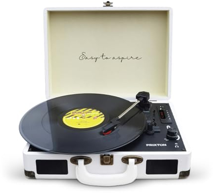 PRIXTON Tocadiscos de Vinilo Vintage VC400, Reproductor de Vinilos y Música por Bluetooth y USB, Digitalización de vinilos, 2 Altavoces Incorporados, Diseño de Maleta, Color Blanco
