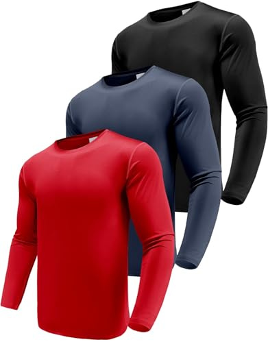 Herren 3er Pack Langarmshirt T-Shirts, UPF 50+ UV Schnelltrocknend Funktionsshirt Laufshirts, Atmungsaktiv Langarm Sportshirt Gym Shirt Outdoor Workout Fitness Oberteil Black/Navy/Red-3P05-S