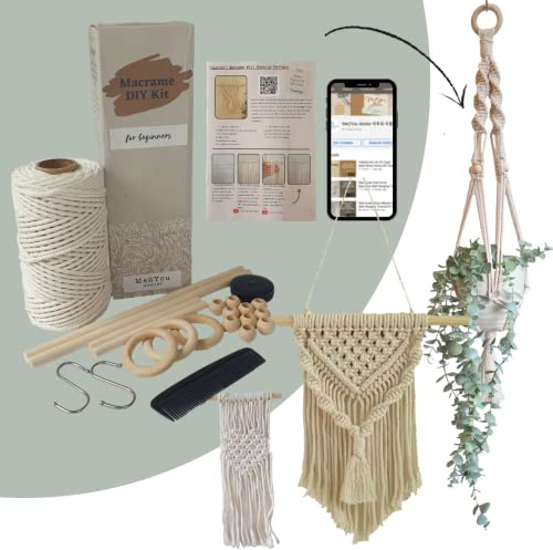 Sand Colour Easy Macrame DIY Kit for Adults Beginners, Wall Hanging, Plant Hanger, Starter Kit with Written Instructions & Video Tutorials, 100 Meters of Cotton Rope, Wooden Dowel, Wooden Beads