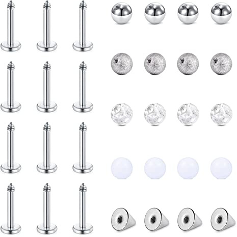 Funseedrr 32pcs Piercing Orecchio Trago Helix Labbro Anelli Bottone Barra Sfera Pallina di Ricambio Acciaio Chirurgico 16G 6mm 8mm 3mm Piercing