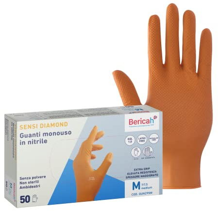 Bericah, Sensi Diamond,Guanti in Nitrile, Senza Polvere, Taglia M, 50 Pezzi