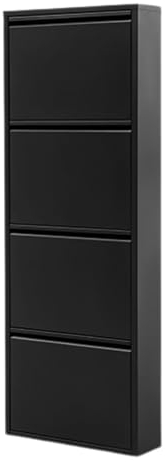 Alveon Schuhschrank Schmal Schuhregal Metall Schuhkipper mit Magnet Klappen Schuhablage Montiert und Wandmontage (Schwarz, 4 Klappen)