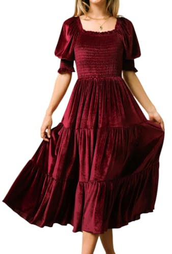 R.Vivimos Autumn Winter Velvet Dress for Women Square Neck Puff Sleeve Midi Dress Ruched Smock A Line Flowy Ruffle Long Dress(Large,WineRed)
