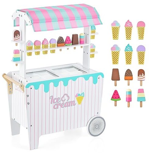 Maxmass Kids Ice Cream Cart, Wooden Toddlers Role Play Grocery Store with 12 Ice Creams, Wheels, Canopy, Display Rack & Sliding Frozen Compartment, Children Dessert Shop Trolley Playset for Boys Girls