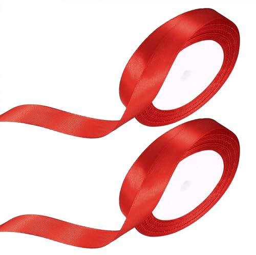 Cinta de Raso Roja, 2 Rollos 15mm x 22m para Envolver Regalos, Decoración de Bodas, Navidad, Fiestas de Cumpleaños