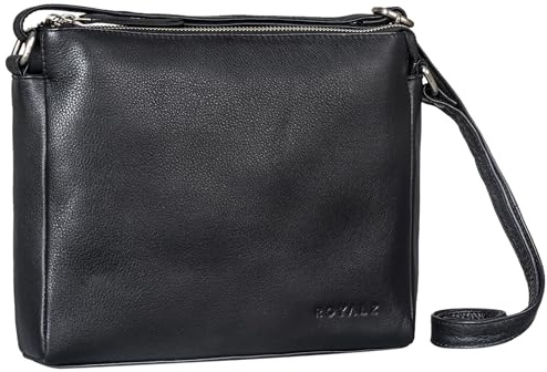 ROYALZ 'Albany' Vintage Damen Handtasche Leder moderne kleine Ledertasche Damenhandtasche zum umhängen Frauen Umhängetasche Echtleder, Farbe:Schwarz
