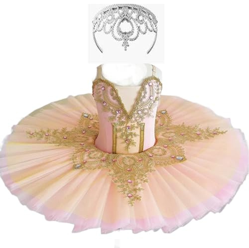 OTMYIGO Costume da tutù di Balletto Professionale per Ragazze, Bambino, Piatto da Principessa, Pancake, Lago dei cigni, Ballerina, Costume da Competizione,Arancia,170