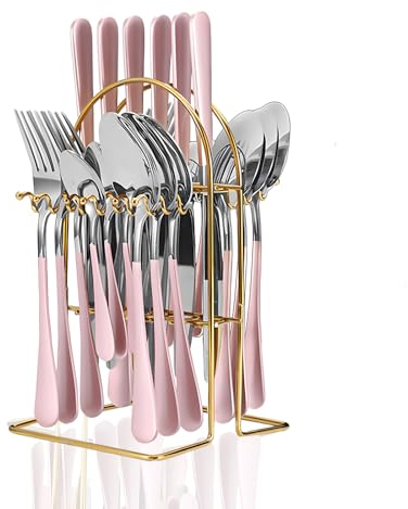 24PCS Flatware Set,Stainless Steel Tableware with Hanging,Silverware Cutlery Set for 6 Person, Mirror Polished Knives Forks Spoons for Wedding,Parties,Birthday,Restauroom (Silverpink)