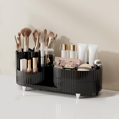MUUKAIII Kosmetik Make up Organizer, 360° Drehbares Schminktisch Pinsel Organizer, Multifunktionale Kosmetikaufbewahrung für Kommode, Schlafzimmer, Badezimmer - Elegant Schwarz