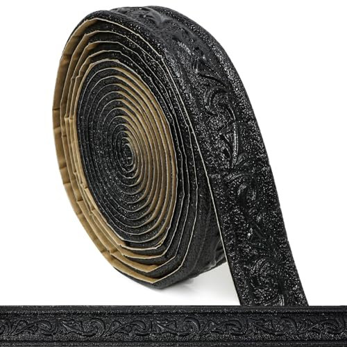 WAPANE Moulures Murales Autocollantes avec Relief – Frises Décoratives en Mousse pour Cuisine et Salle de Bain, Bordure Adhésive Classique pour Carrelage et Miroirs, Noir