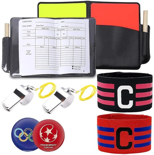 6 Stück Fußball Schiedsrichter Set, Fußball Schiedsrichter Karten Set, PVC Rote Gelbe Karte, Schiedsrichterkarten mit Kapitänsbinde, Pfeife, Tasche Punktebuch für Fußballspiel Schulsport Sport